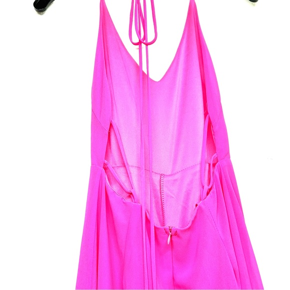 Lush Neon Pink Flowy Sheer Strappy Wide Leg Halter Jumpsuit - Picture 9 of 10